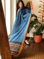Teal Handwoven Bhujodi Dupatta with Mirror & Thread Handwork in Cotton