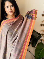 Peachish Grey Handwoven Bhujodi Dupatta with Mirror & Thread Handwork in Cotton