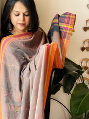 Peachish Grey Handwoven Bhujodi Dupatta with Mirror & Thread Handwork in Cotton