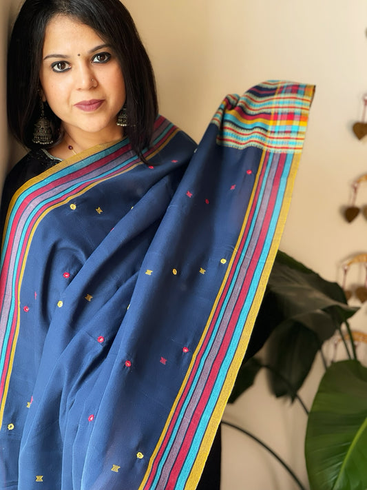 Blue Handwoven Bhujodi Dupatta with Mirror & Thread Handwork in Cotton