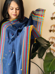 Blue Handwoven Bhujodi Dupatta with Mirror & Thread Handwork in Cotton