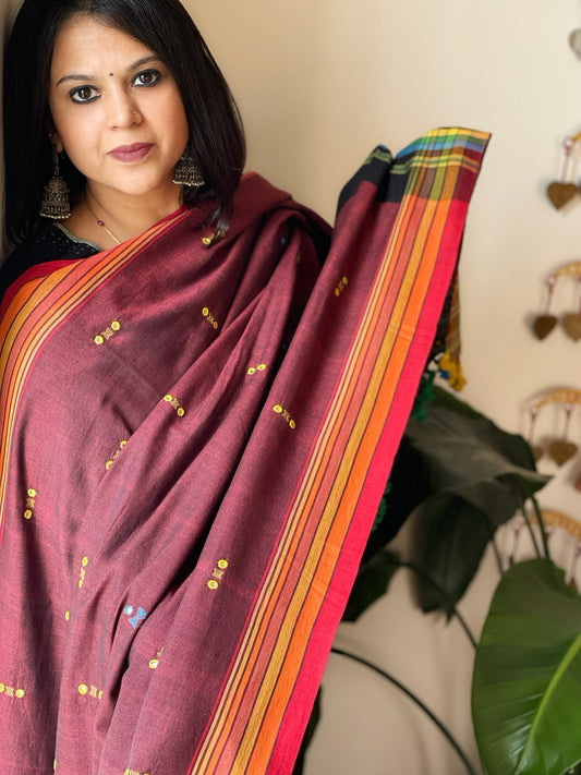 Maroon Handwoven Bhujodi Dupatta with Mirror & Thread Handwork in Cotton