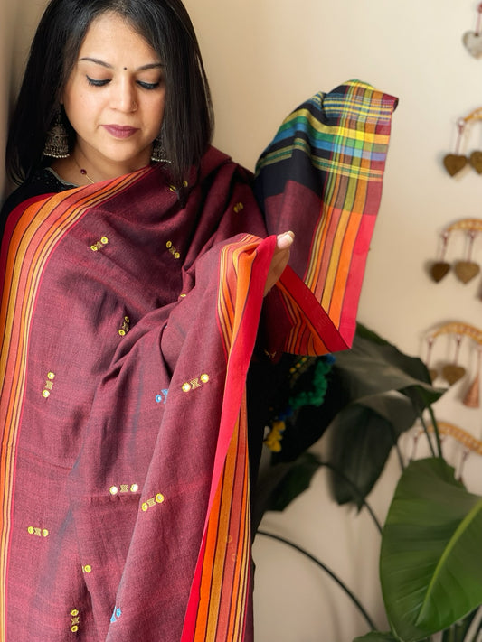 Maroon Handwoven Bhujodi Dupatta with Mirror & Thread Handwork in Cotton