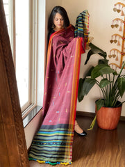 Maroon Handwoven Bhujodi Dupatta with Mirror & Thread Handwork in Cotton
