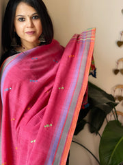 Carrot Pink Handwoven Bhujodi Dupatta with Mirror & Thread Handwork in Cotton