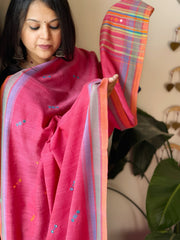 Carrot Pink Handwoven Bhujodi Dupatta with Mirror & Thread Handwork in Cotton
