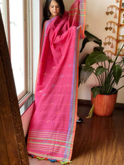 Carrot Pink Handwoven Bhujodi Dupatta with Mirror & Thread Handwork in Cotton