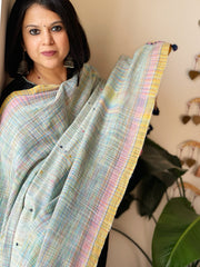 Powder Blue Handwoven Bhujodi Dupatta with Mirror & Thread Handwork in Cotton