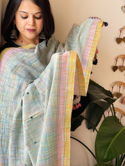 Powder Blue Handwoven Bhujodi Dupatta with Mirror & Thread Handwork in Cotton