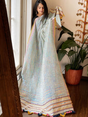 Powder Blue Handwoven Bhujodi Dupatta with Mirror & Thread Handwork in Cotton