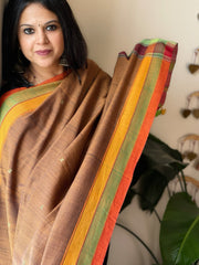 Mustard Handwoven Bhujodi Dupatta with Thread Handwork in Cotton