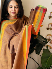 Mustard Handwoven Bhujodi Dupatta with Thread Handwork in Cotton