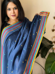 Blue Handwoven Bhujodi Dupatta with Mirror & Thread Handwork in Cotton