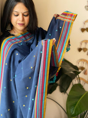 Blue Handwoven Bhujodi Dupatta with Mirror & Thread Handwork in Cotton