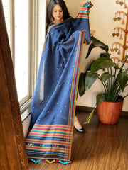 Blue Handwoven Bhujodi Dupatta with Mirror & Thread Handwork in Cotton