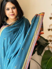Teal Handwoven Bhujodi Dupatta with Mirror & Thread Handwork in Cotton