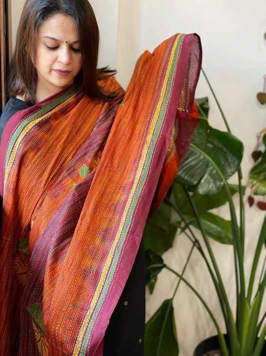 Orange, Maroon Handmade Kantha Dupatta in Silk