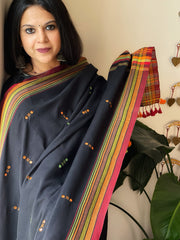 Black Handwoven Bhujodi Dupatta with Mirror & Thread Handwork in Cotton