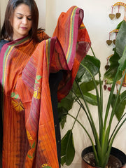 Orange, Maroon Handmade Kantha Dupatta in Silk