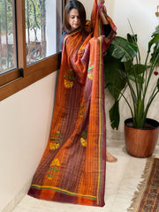 Orange, Maroon Handmade Kantha Dupatta in Silk