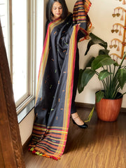 Black Handwoven Bhujodi Dupatta with Mirror & Thread Handwork in Cotton