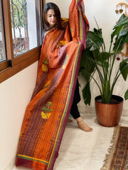 Orange, Maroon Handmade Kantha Dupatta in Silk