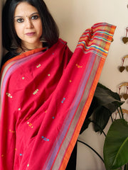 Red Handwoven Bhujodi Dupatta with Mirror & Thread Handwork in Cotton
