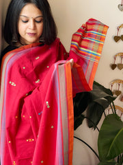 Red Handwoven Bhujodi Dupatta with Mirror & Thread Handwork in Cotton
