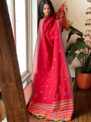Red Handwoven Bhujodi Dupatta with Mirror & Thread Handwork in Cotton