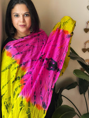 Yellow, Pink Handmade Tie Dye Dupatta in Mulberry Silk