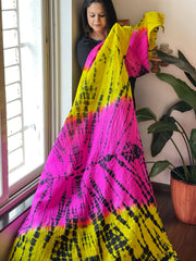 Yellow, Pink Handmade Tie Dye Dupatta in Mulberry Silk