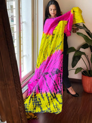Yellow, Pink Handmade Tie Dye Dupatta in Mulberry Silk