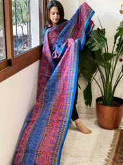 Blue, Pink Handmade Kantha Dupatta in Silk