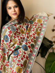 Ivory Printed Kalamkari Dupatta with Sequin Work and Zari Pallu in Dola Silk