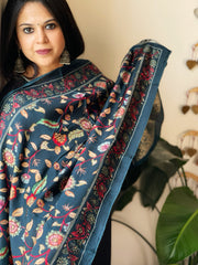 Teal Printed Kalamkari Dupatta with Sequin Work and Zari Pallu in Dola Silk