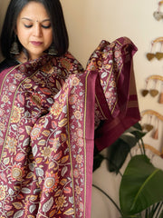 Maroon Printed Kalamkari Dupatta with Sequin Work and Zari Pallu in Dola Silk