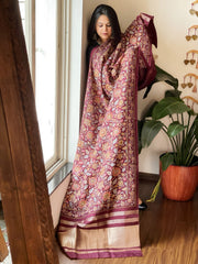 Maroon Printed Kalamkari Dupatta with Sequin Work and Zari Pallu in Dola Silk