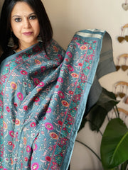 Greyish Blue Printed Kalamkari Dupatta with Sequin Work and Zari Pallu in Dola Silk