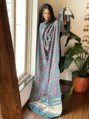 Greyish Blue Printed Kalamkari Dupatta with Sequin Work and Zari Pallu in Dola Silk