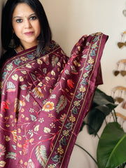 Maroon Printed Kalamkari Dupatta with Sequin Work and Zari Pallu in Dola Silk