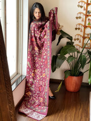 Maroon Printed Kalamkari Dupatta with Sequin Work and Zari Pallu in Dola Silk