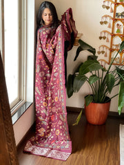 Maroon Printed Kalamkari Dupatta with Sequin Work and Zari Pallu in Dola Silk