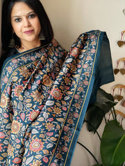 Teal Printed Kalamkari Dupatta with Sequin Work and Zari Pallu in Dola Silk