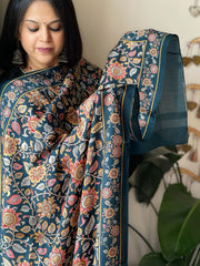 Teal Printed Kalamkari Dupatta with Sequin Work and Zari Pallu in Dola Silk