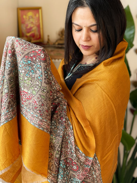 Mustard Yellow Woven Pashmina Shawl with Kaani Pallu