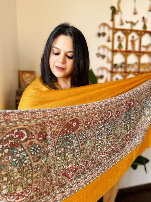 Mustard Yellow Woven Pashmina Shawl with Kaani Pallu