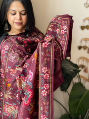 Maroon Printed Kalamkari Dupatta with Sequin Work and Zari Pallu in Dola Silk