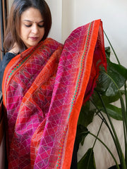 Orange, Pink Handmade Kantha Dupatta in Silk
