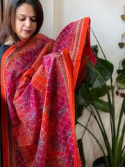 Orange, Pink Handmade Kantha Dupatta in Silk