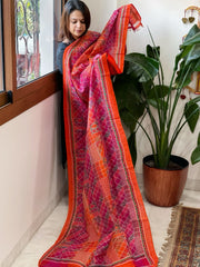 Orange, Pink Handmade Kantha Dupatta in Silk